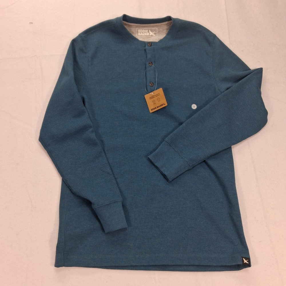 Eddie Bauer Thermal Henley Mens S 3254 Sea Blue Waffle Knit NEW